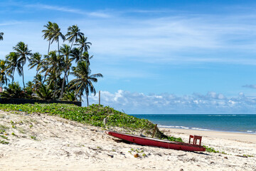 Beach with raft boat in the foreground and  palms in the background, Natal, Brazil