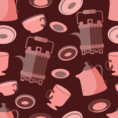 Tea party. Seamless pattern. Kettles, mugs, plates. Burgundy background. vector illustration 
