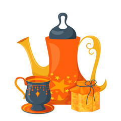 Tea set. Jam. apricot jam. kettle, samovar, and mug. vector illustration in blue orange tones, tea set