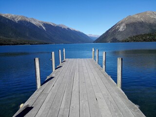 Lonely jetty in New Zealand. Lake Rotoiti Lakes National Park.