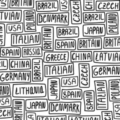 Hand-drawn lettering as a background. Countries: USA, Russia, Czech Republic, China, Lithuania, Latvia, Japan, Germany, Spain, Britain, Italy, Poland, Brazil, Greece. Illustration of the inscription