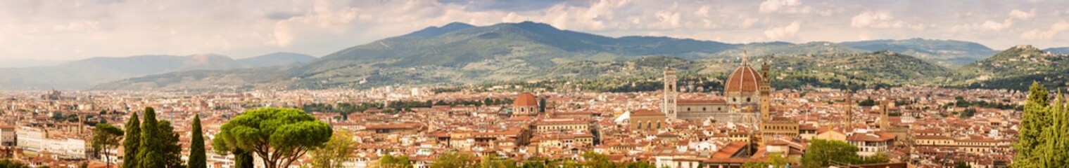 Fototapeta na wymiar Beautiful panoramic view of the city of Florence. Cathedral of Santa Maria del Fiore (Duomo), mountains and roofs of houses Florence, Italy