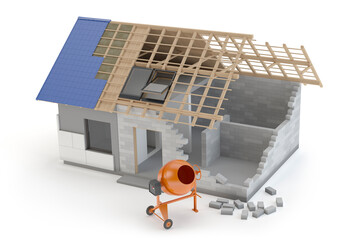 House build concept - model of construction building. 3d illustration