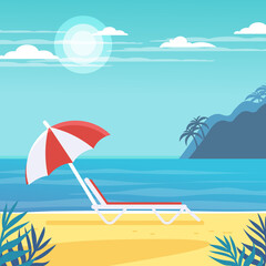 Tropical landscape. Palm trees and tropical plants. Seascape. Beach chair with umbrella on the beach.