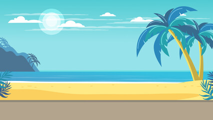 Tropical landscape. Palm trees and tropical plants. Seascape.