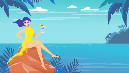 Fototapeta na wymiar Poster. A woman sits on a stone by the sea, ocean. Tropical landscape. Woman on vacation with a cocktail.
