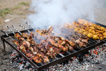 Shish kebab from pork and potatoes