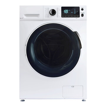 White Washing Machine Isolated on White. Front View of Washer Machine. Front Load Washer Machine with Electronic Control Panel. Electric Appliances. Household Appliances. Home Appliances