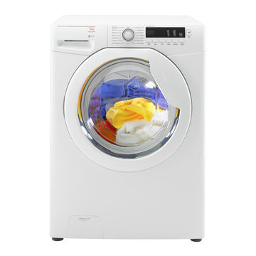 White Washing Machine Isolated on White. Front View of White Washer Machine. Front Load Washer Machine with Electronic Control Panel. Electric Appliances. Household Appliances. Home Appliances