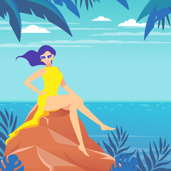 Obraz na płótnie Canvas Poster. A woman sits on a stone by the sea, ocean. Tropical landscape.