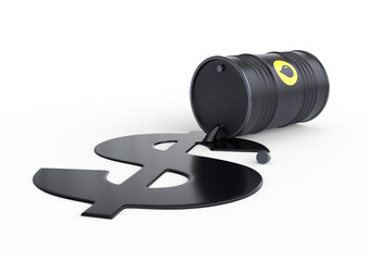 Barrel of oil spilling dollar sign on a white background. Black barrel from which oil spills. Oil prices inflation. 3D rendering illustration