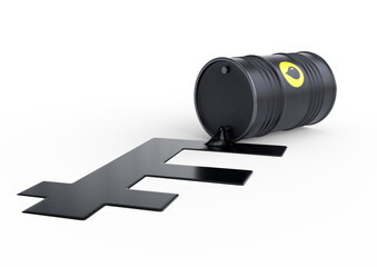 Barrel of oil spilling franc sign on a white background. Black barrel from which oil spills. Oil prices inflation. 3D rendering illustration