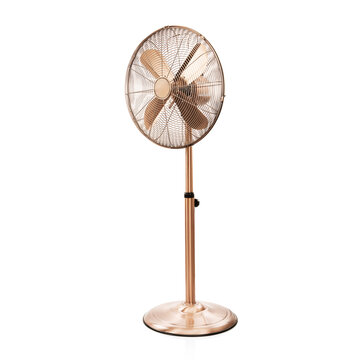 Stand Fan Isolated on White Background. Copper Retro Ventilator. Vintage Electric Fan. Metal Fan. Pedestal Fans. Cooling Fans
