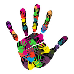 Handprint isolated on white background. Creative hands prints. Cultural diversity. Juneteenth freedom day. Seamless vector illustration of colorful human hand prints for social support and unity.