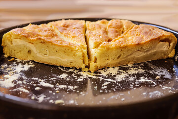 Homemade Khachapuri with cheese. In section, front view.