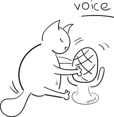 Cute hand drawn cat holds a microphone. sound inscription. Design for card, print or poster.