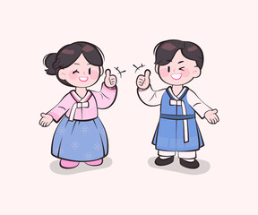 한국 전통의상 한복을 입은 남녀 캐릭터.