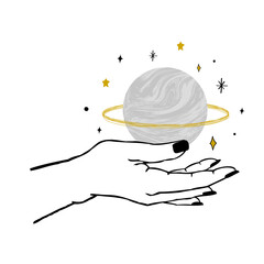 Vector illustration of women's hand holding textured planet and stars. Trendy linear minimal boho tattoo style for logo, emblem, t-shirt fashion print, sticker, skin care, branding