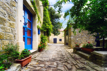Fototapeta na wymiar Beautiful street scene with ancient houses in Groznjan town on a sunny day, Croatia.
