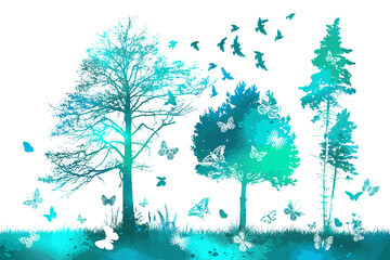 A blue landscape with trees, butterflies and birds. Mixed media. Vector illustration