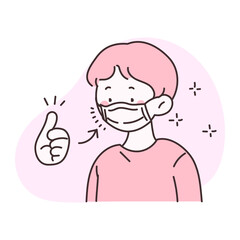 코로나 바이러스 예방을 위해 마스크를 낀 사람을 칭찬하는 일러스트.