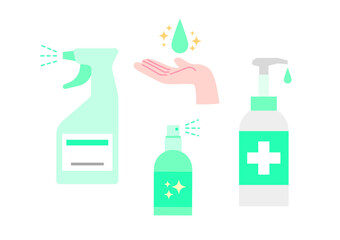위생, 보건에 관한 삽화. 소독제, 손세정제, 살균제.