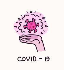 손 위의 코로나 바이러스.