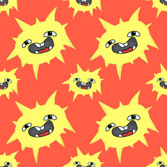 Seamless pattern Halloween cute cartoon style yellow round monster microbe virus with spikes on red background, for banners, decoration, flooring websites printing logos postcards fabric textiles