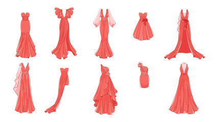 Dresses for prom, gala evening, wedding, masquerade, points. Set of different dresses. Modern and classic style. © progdiz