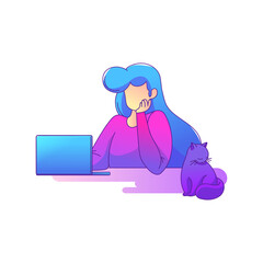 A woman sits and works at a laptop. Training at home. Freelance.