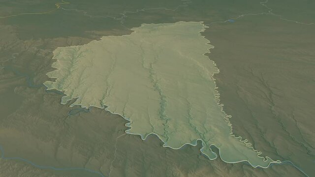 Ternopil', region with its capital, zoomed and extruded on the relief map of Ukraine in the conformal Stereographic projection. Animation 3D