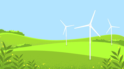 Fototapeta premium Landscape sunny meadow, green hills, agricultural pastures. Good ecology. Rustic expanses. Environmental protection, green energy, windmill in the field.