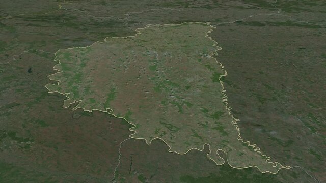 Ternopil', region with its capital, zoomed and extruded on the satellite map of Ukraine in the conformal Stereographic projection. Animation 3D