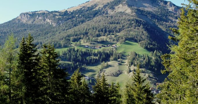 Aerial of nature, mountains and forest in the Alps. Val Gardena in South Tirol