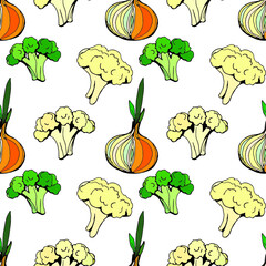 seamless background of hand-drawn vegetables isolated on a white  background