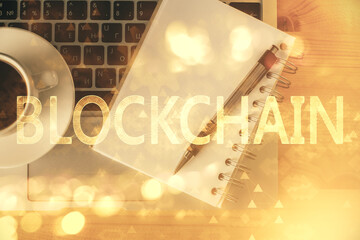 Multi exposure of crypto theme drawing and work table top veiw. Concept of blockchain technology in...