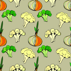 seamless background of hand-drawn vegetables isolated on a  colored background