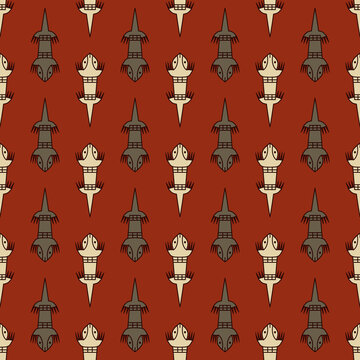 Seamless geometrical monochrome animal pattern with silhouettes of stylized funny lizards. Folk tribal motif from ancient Peru. Native American art from Nazca.