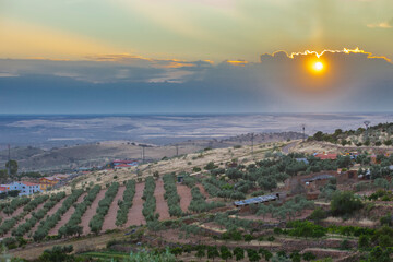 Moriscos green belt along the Sierra Grande hillside, Hornachos, Extremadura, Spain