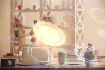 Double exposure of crypto technology theme drawing and office interior background. Concept of blockchain.