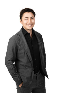 A half body shot of a very attractive Asian guy with
silky black hair and wearing a grey jacket looking laidback
and smiling towards the camera. 