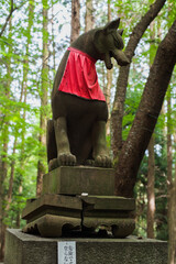 Ancient Japanese kitsune statue guardian, fox guard statue old shinto shrine in Tokyo, Inari Shrine