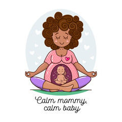 Cute African woman, expecting a child and doing yoga. Baby inside pregnant belly is doing yoga too. Pregnant Lady waiting for baby vector illustration. Happy beautiful mother to be. 
