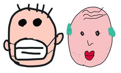 マスクの少年と唇の赤いおじさん