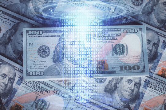 Double exposure of data theme drawing over us dollars bill background. Technology concept. - Powered by Adobe