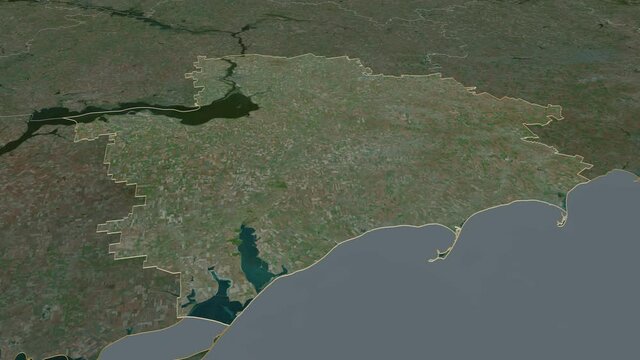 Zaporizhzhya, region with its capital, zoomed and extruded on the satellite map of Ukraine in the conformal Stereographic projection. Animation 3D
