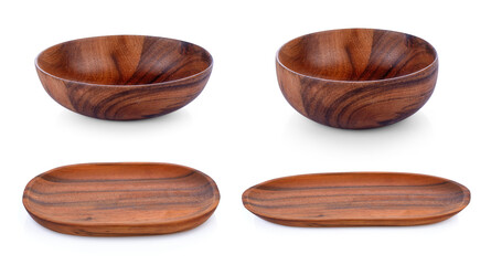 set of wood bowl on white background.