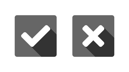 Yes and No or Right and Wrong or Approved and Declined Icons with Check Mark and X Signs with Shadow in Grey Squares with Rounded Corners. Vector Image.