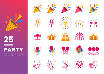 25 Set of Party Related Vector flat Icons isolated on white background. Contains such Icons as Popper, Ballons, Gift, Drink, Music. Suitable for Birthday Party Event.