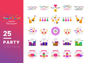 25 Set of Party Element Related Vector flat Icons isolated on white background. Contains such Icons as Confetti, Hat, Gift,Candy, Cake. Suitable for Birthday Party Event.